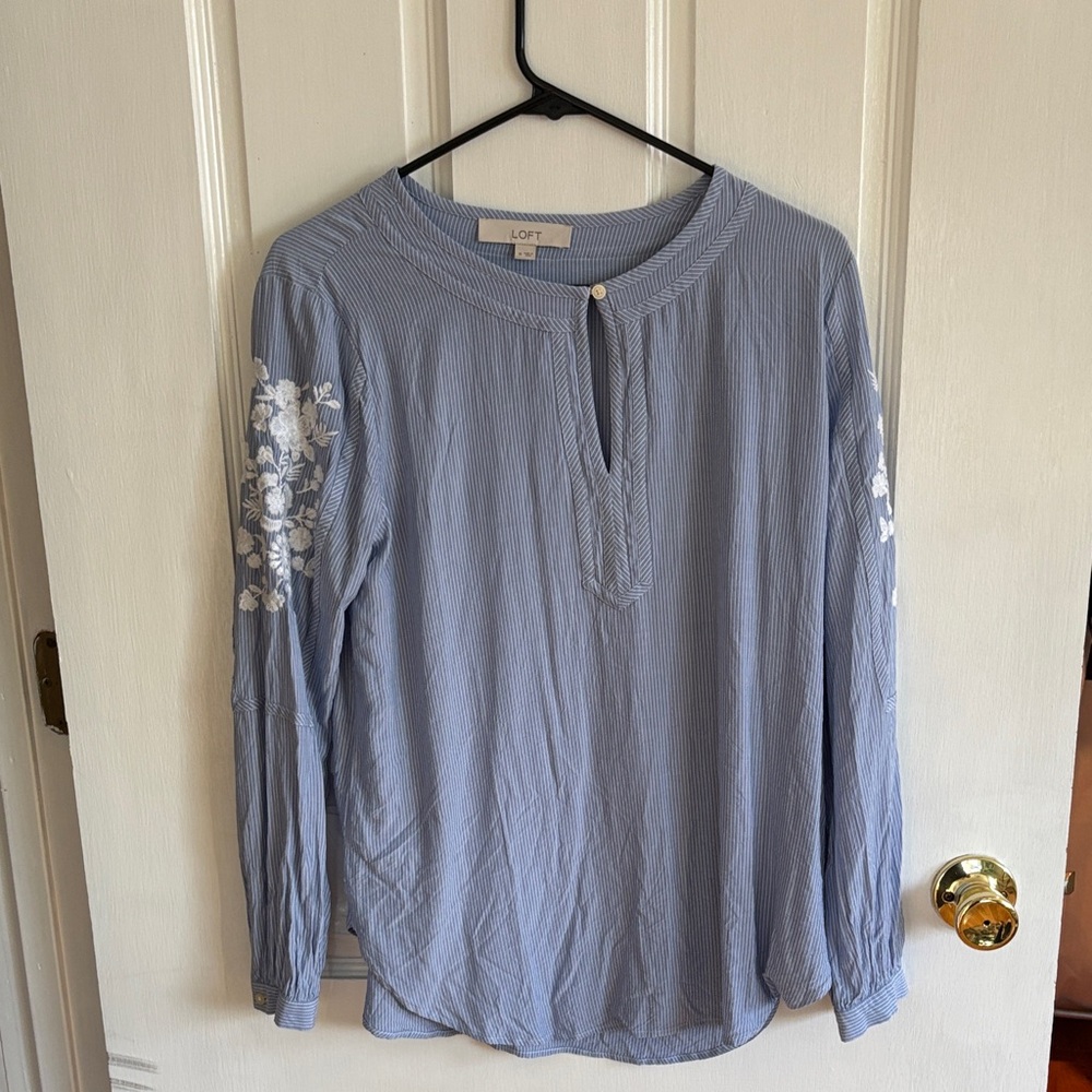 LOFT Striped Blue Blouse with White Floral Detail